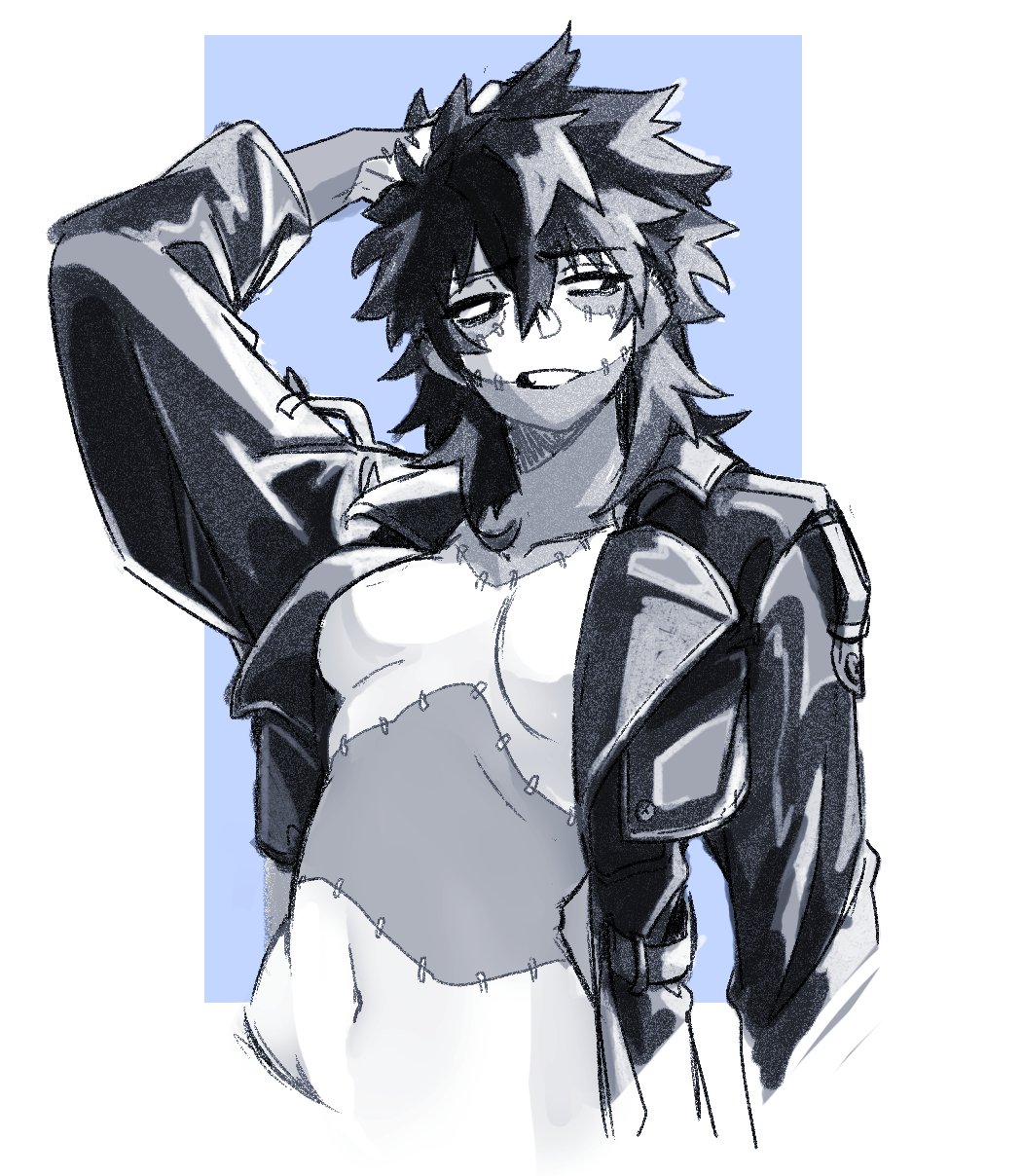 1girl bad_link blue_background boku_no_hero_academia burn_scar cheek_piercing clenched_teeth collarbone dabi_(boku_no_hero_academia) genderswap genderswap_(mtf) greyscale_with_colored_background highres jacket leather leather_jacket long_hair looking_to_the_side messy_hair multiple_scars navel no_nipples scar scar_on_neck simple_background solo spiked_hair staple stapled stitches teeth