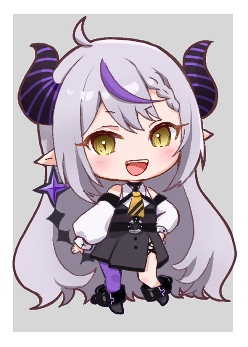 1girl :d ahoge ankle_cuffs black_dress black_footwear black_horns blush braid braided_bangs chibi clothing_cutout commentary cross-laced_slit demon_girl demon_horns double-parted_bangs dress fangs full_body grey_background grey_hair hand_on_own_hip hololive horns la+_darknesss la+_darknesss_(1st_costume) long_hair long_sleeves looking_at_viewer multicolored_hair nanaka_nagomi neckerchief open_mouth pantyhose pointy_ears puffy_long_sleeves puffy_sleeves purple_hair purple_pantyhose shirt short_dress shoulder_cutout side_slit simple_background single_leg_pantyhose slit_pupils smile solo streaked_hair striped_horns tail thick_outlines very_long_hair virtual_youtuber white_shirt yellow_eyes yellow_neckerchief