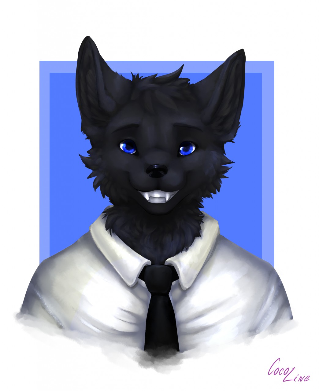 anthro black_body black_ears black_fur black_necktie black_nose black_wolf57 blue_eyes canid canine clothed clothing cocoline_(artist) digital_media_(artwork) fur hi_res looking_at_viewer male mammal necktie shirt simple_background smile smiling_at_viewer solo teeth topwear white_clothing white_shirt white_topwear