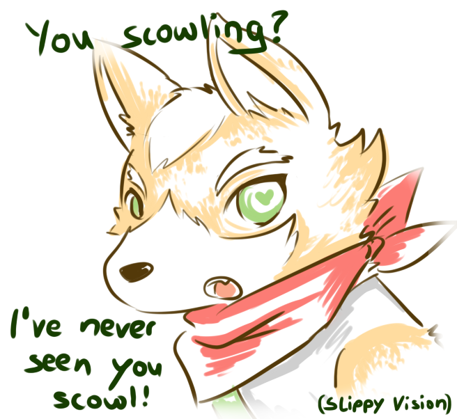 &lt;3 anthro bandanna black_nose clothed clothing dialogue english_text fox_mccloud fully_clothed fur green_clothing green_eyes green_shirt green_topwear grey_clothing grey_jacket grey_topwear jacket kerchief male nintendo open_mouth orange_body orange_fur red_bandanna red_kerchief shirt slippy_o'donnell solo star_fox teeth_showing text tongue_showing topwear white_body white_fur