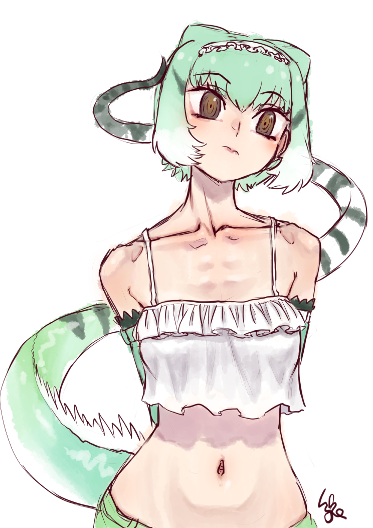 1girl arms_behind_back brown_eyes chinese_water_dragon_(kemono_friends) closed_mouth collarbone crop_top crop_top_overhang detached_sleeves frilled_hairband frills green_hair green_sleeves hairband head_tilt kemono_friends kemono_friends_3 kishida_shiki lizard_tail long_tail looking_at_viewer midriff navel ringed_eyes short_hair signature simple_background solo spaghetti_strap stomach tail upper_body white_background white_hair