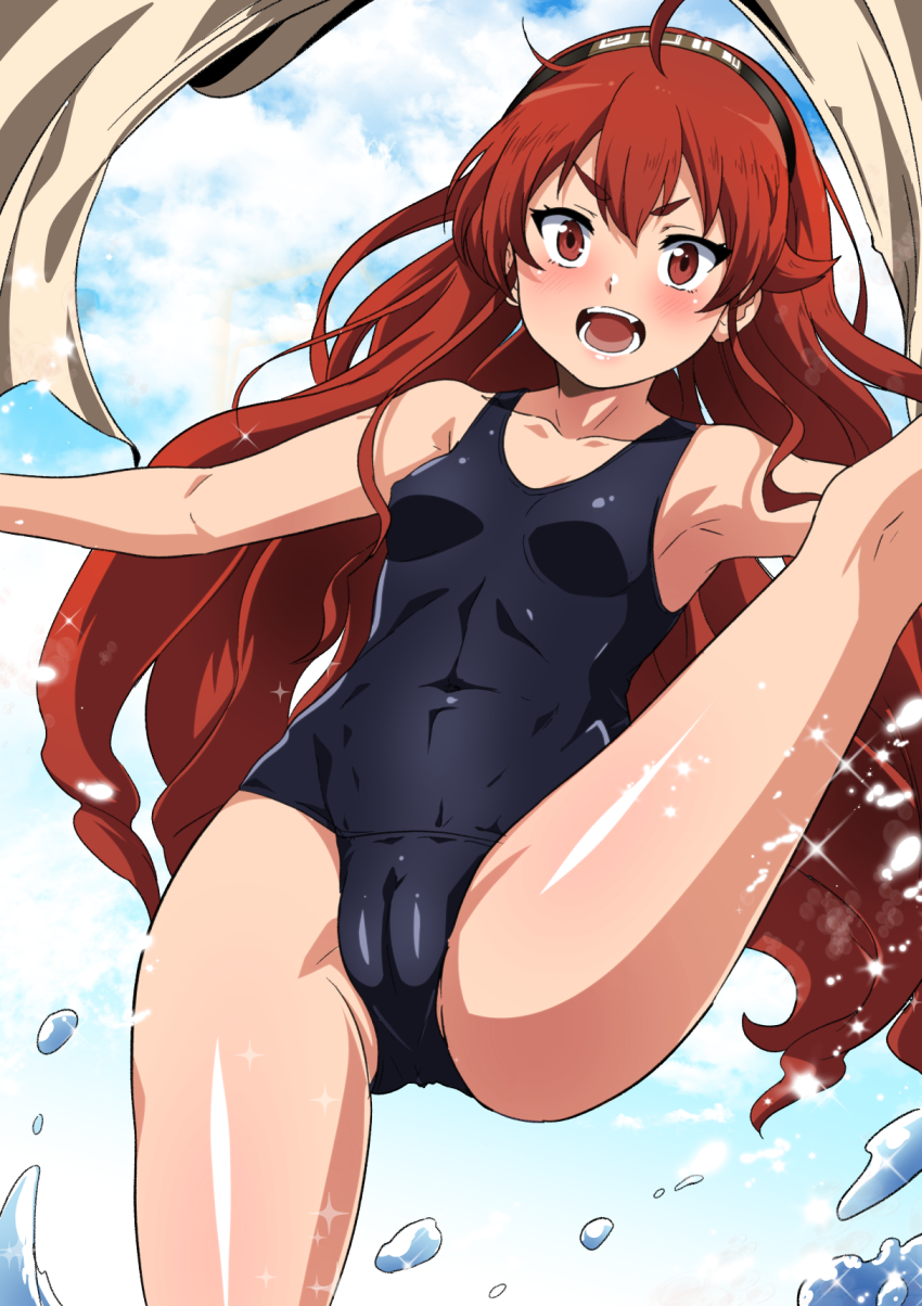 1girl ahoge armpits blue_one-piece_swimsuit blue_sky blush breasts cameltoe cloud covered_navel eris_greyrat feet_out_of_frame fuyumi_kazuki hair_between_eyes hairband high_kick highres kicking long_hair looking_at_viewer mushoku_tensei one-piece_swimsuit open_mouth red_eyes red_hair school_swimsuit sky small_breasts solo sparkle splashing split swimsuit teeth very_long_hair