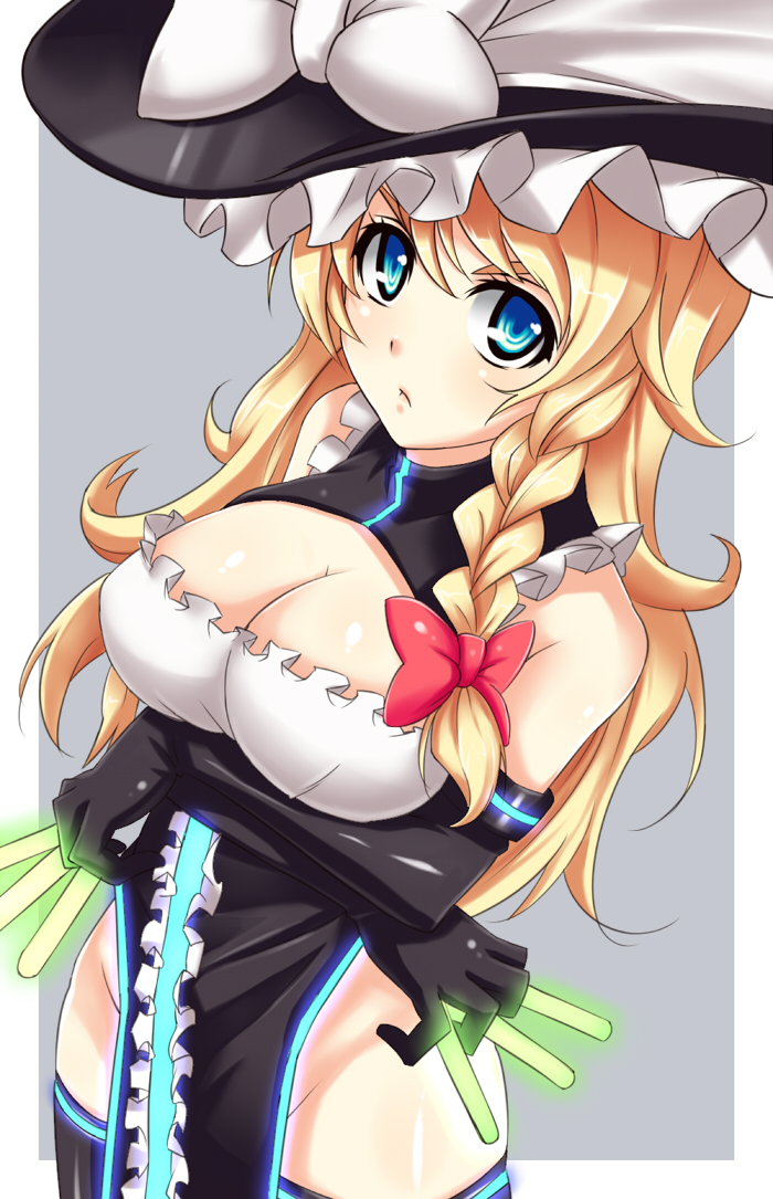 :&lt; adapted_costume bare_shoulders between_fingers bitaraga black_gloves black_legwear blonde_hair blue_eyes braid breasts cleavage closed_mouth dual_wielding elbow_gloves gloves glowstick grey_background grimoire_of_marisa groin hair_ribbon hat holding kirisame_marisa large_breasts long_hair neon_trim ribbon side_braid simple_background solo thighhighs touhou v-shaped_eyebrows witch_hat