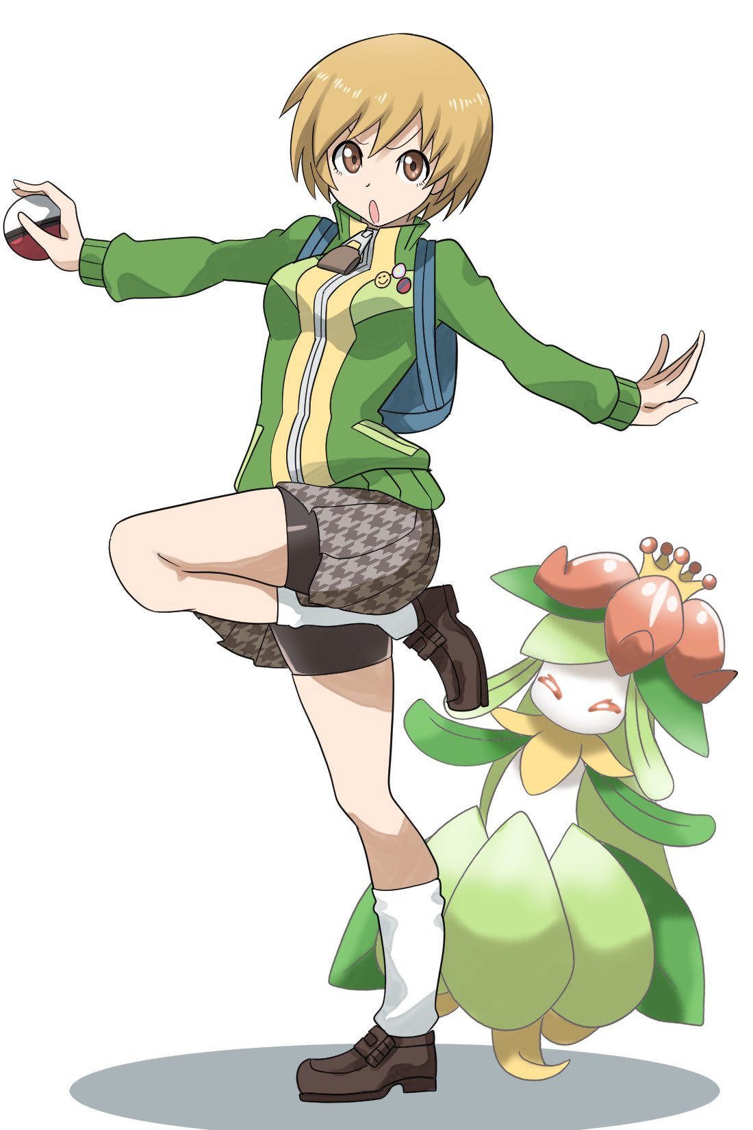 1girl backpack bag bike_shorts blue_bag brown_eyes brown_footwear brown_hair closed_eyes colored_skin commentary_request crown flower full_body green_hair green_jacket grey_skirt highres holding holding_poke_ball jacket kurosususu leg_warmers lilligant open_mouth outstretched_arms persona persona_4 poke_ball poke_ball_(basic) pokemon pokemon_(creature) satonaka_chie shoes short_hair shorts shorts_under_skirt simple_background skirt standing standing_on_one_leg v-shaped_eyebrows white_background white_skin zipper zipper_pull_tab