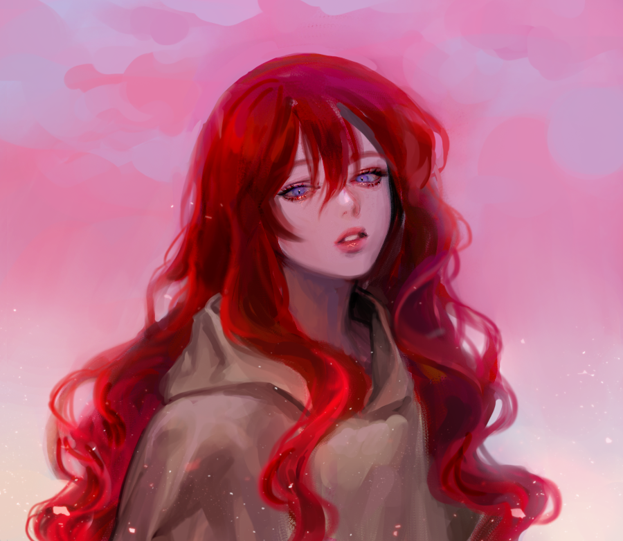 1girl akatsuki_no_yona bad_id bad_twitter_id cape commentary hair_between_eyes hood hooded_cape long_hair looking_to_the_side purple_eyes red_hair sky solo