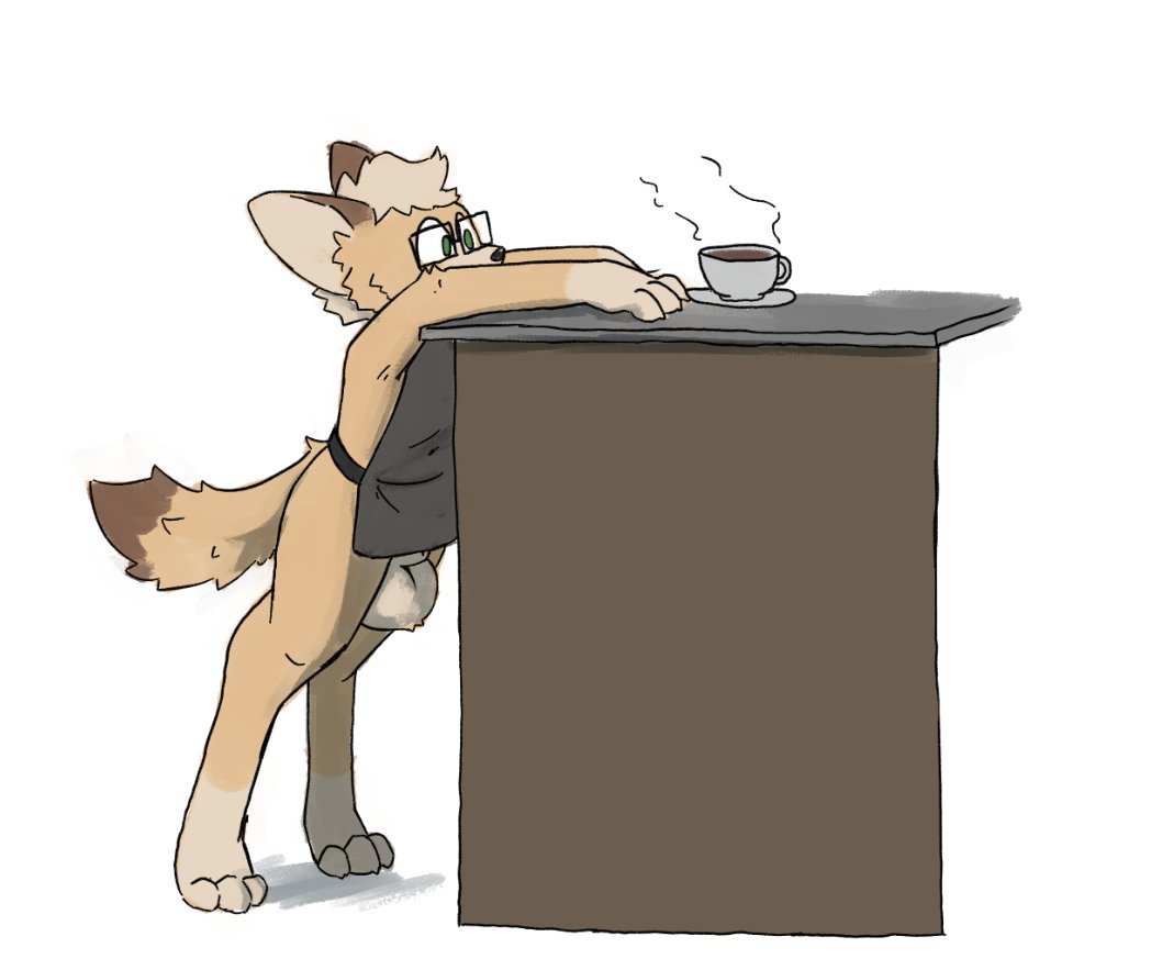 anthro apron apron_only balls canid canine clothing coffee_cup container cup digitigrade eyewear genitals glasses male mammal rectangular_glasses shellsist simple_background solo white_background