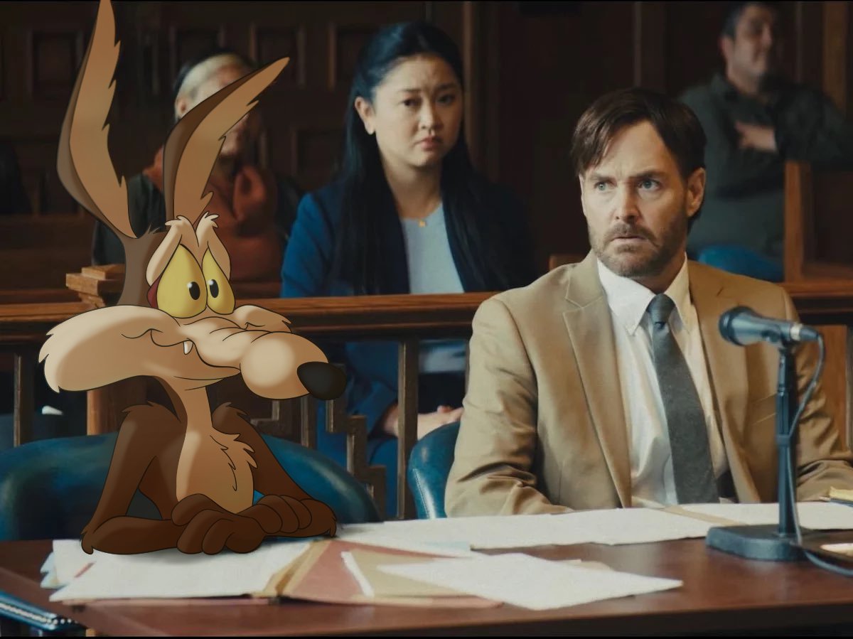 brown_body brown_fur canid canine canis courtroom coyote coyote_vs._acme electronics fangs fur human looney_tunes male mammal microphone screencap_redraw smile teeth thedylanroca warner_brothers wile_e._coyote yellow_eyes
