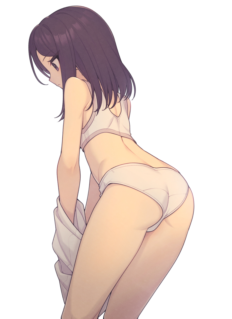 1girl ass back black_eyes black_hair bra commentary_request everyntrge from_behind looking_down medium_hair original panties shirt simple_background solo underwear undressing white_background white_bra white_panties white_shirt