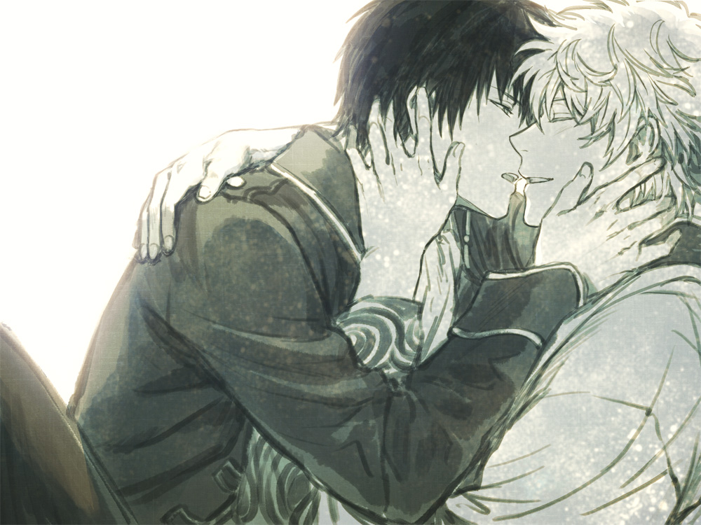 bad_id bad_pixiv_id blush gintama greyscale hijikata_toushirou imminent_kiss male_focus monochrome multiple_boys sakata_gintoki shinsengumi_(gintama) tkr_(lovedelic99) yaoi