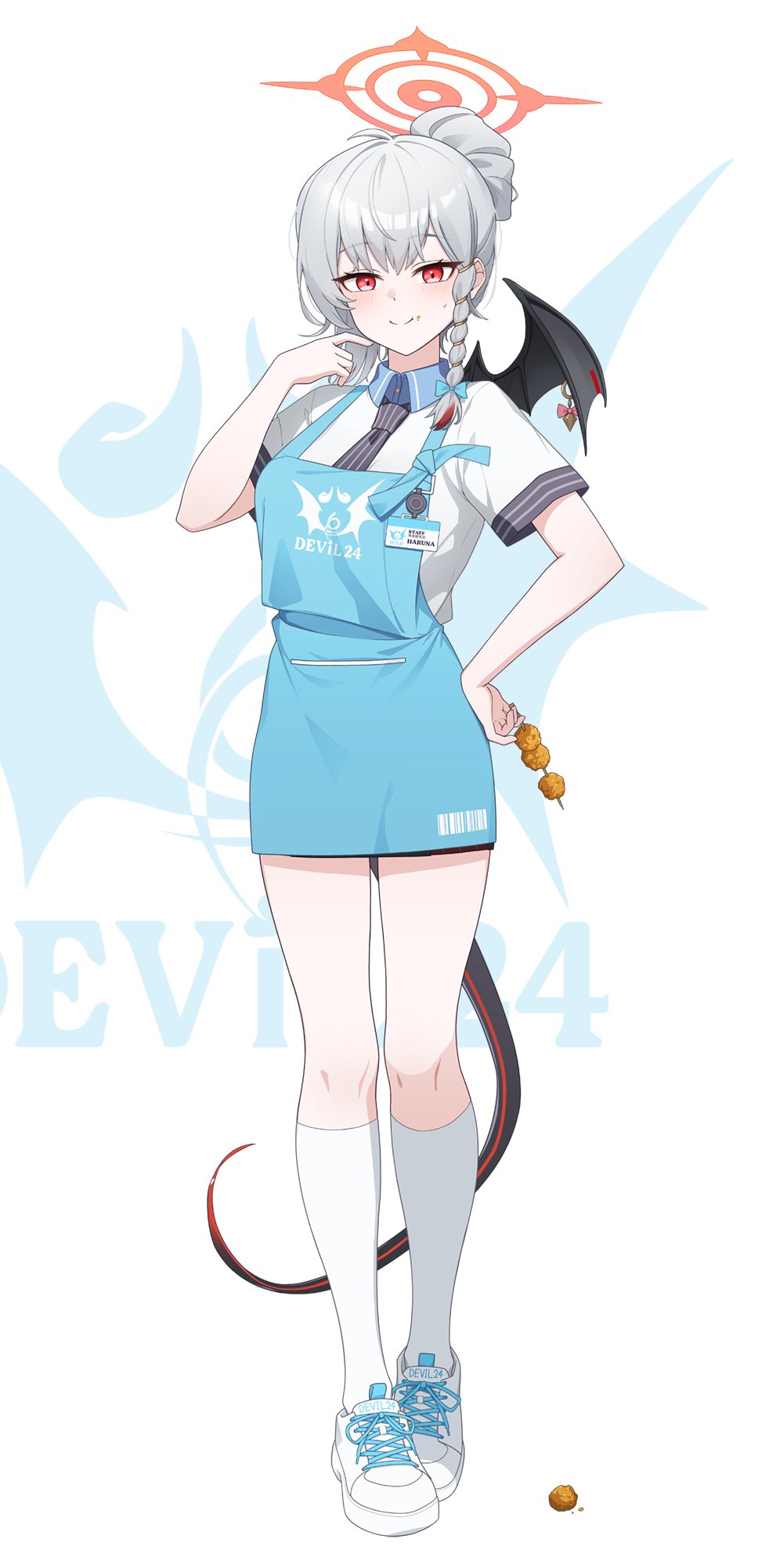 1girl ahoge alternate_costume apron black_necktie blue_apron blue_archive braid commentary_request demon_girl demon_tail demon_wings english_text food food_on_face fried_chicken full_body grey_hair hair_bun halo hand_on_own_hip haruna_(blue_archive) highres holding holding_skewer id_card kasasasagi kneehighs long_hair looking_at_viewer necktie official_alternate_hairstyle part_time_job red_eyes shirt short_sleeves sidelocks simple_background single_braid single_hair_bun single_wing skewer smile socks solo store_clerk tail walking white_shirt white_sneakers white_socks wings zoom_layer