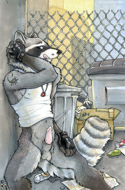 amara_telgemeier anthro balls bottomless clothed clothing erection fence finger-less_gloves fingerless_gloves garbage gloves half-dressed male mammal necklace neckless penis raccoon shirt sleeveless_shirt solo tank_top tattoo trashcan