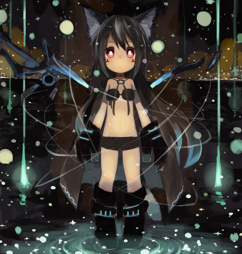 1girl animal_ears black_gloves black_hair boots cat_ears child coat expressionless face_paint facepaint gloves long_hair navel original paprika_shikiso pashikiso red_eyes solo very_long_hair