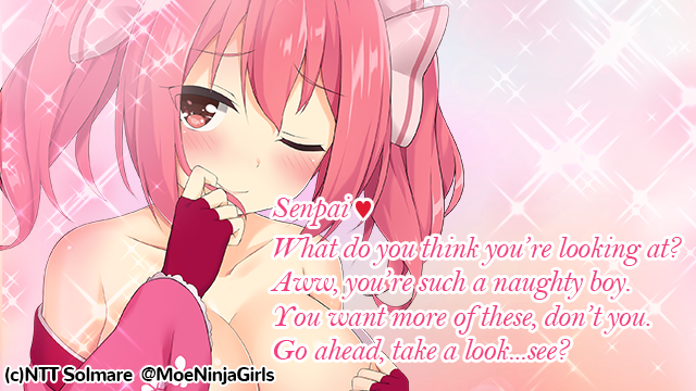 1girl bare_shoulders blush breasts cleavage collarbone commentary company_name copyright_name copyright_notice english_commentary english_text fingerless_gloves gloves hair_between_eyes heart huge_breasts looking_at_viewer moe!_ninja_girls momochi_myu official_art one_eye_closed pink_background pink_eyes pink_hair solo twintails twitter_username