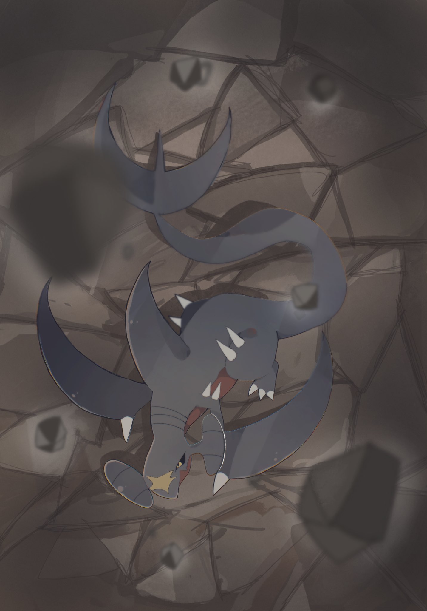 animal_focus black_sclera blue_skin blurry colored_sclera colored_skin commentary_request depth_of_field falling_rock from_above full_body garchomp highres looking_up no_humans outdoors ovoip pokemon pokemon_(creature) rock solo spikes yellow_eyes