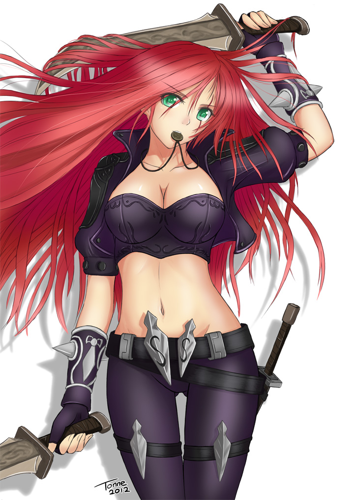 belt breasts bustier capelet cleavage dagger fingerless_gloves gloves green_eyes groin jewelry katarina_du_couteau large_breasts league_of_legends long_hair midriff mouth_hold navel necklace popped_collar red_hair scar signature skin_tight solo spikes tonnelee weapon