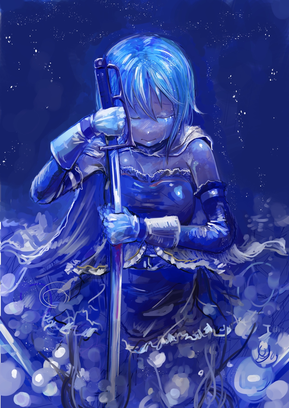 armband blue blue_hair cape gloves highres kneeling koruse magical_girl mahou_shoujo_madoka_magica miki_sayaka short_hair solo sword tears weapon
