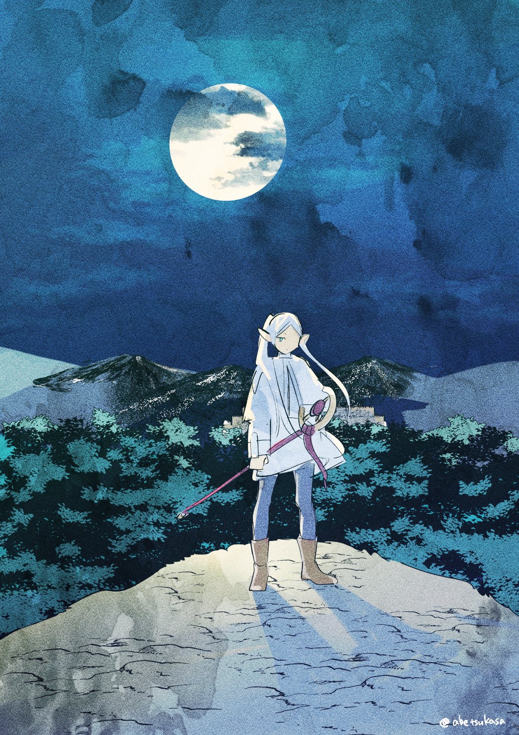 1girl abe_tsukasa blue_pantyhose boots brown_footwear capelet cliff cloud commentary_request dress elf forest fortress frieren green_eyes hair_over_shoulder highres holding holding_staff long_sleeves looking_at_viewer mage_staff moon mountain mountainous_horizon nature night night_sky pantyhose parted_bangs pointy_ears shadow short_eyebrows sketch sky solo sousou_no_frieren staff standing twintails twitter_username white_dress white_hair wind