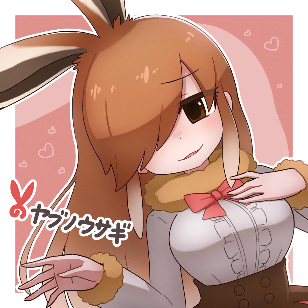 1girl animal_ears bow bowtie brown_eyes brown_hair brown_skirt coat da_(bobafett) european_hare_(kemono_friends) extra_ears hair_over_one_eye kemono_friends long_hair looking_at_viewer pink_background rabbit_ears rabbit_girl simple_background skirt solo upper_body white_coat