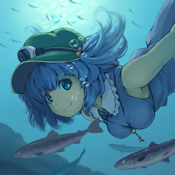 bad_id bad_pixiv_id blue_eyes blue_hair breasts fish hair_bobbles hair_ornament hat kawashiro_nitori key kuro_oolong short_twintails sleeveless smile solo touhou twintails two_side_up underwater