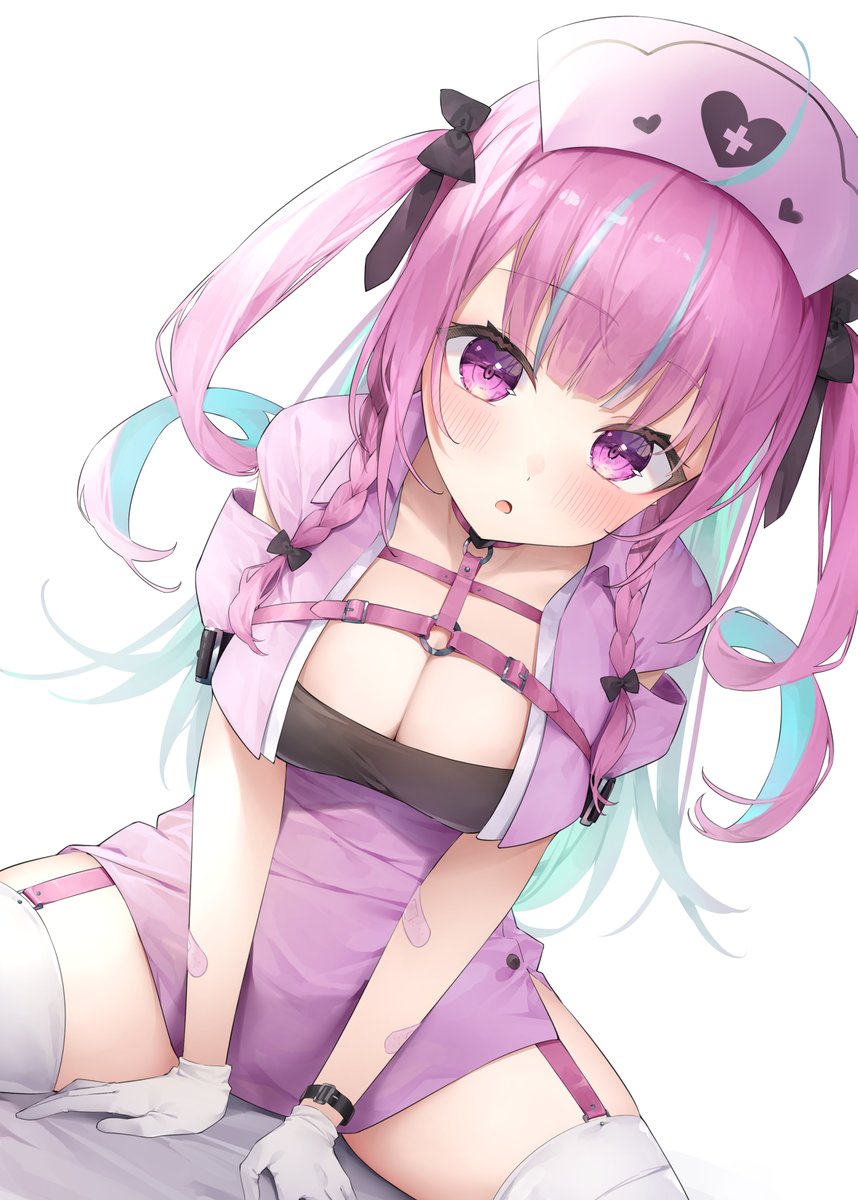 1girl :o arms_between_legs bandaid bandaid_on_arm between_legs black_shirt blue_hair blunt_bangs blurry blurry_background blush braid breasts chest_harness cleavage colored_inner_hair commentary drill_hair dutch_angle embarrassed garter_straps gloves hand_between_legs harness hat high-waist_skirt highres hololive izumi_kei large_breasts long_hair looking_at_viewer minato_aqua multicolored_hair nurse nurse_cap official_alternate_costume official_alternate_hairstyle on_bed open_mouth pink_garter_straps pink_skirt purple_eyes purple_hair pussy_juice shirt short_sleeved_jacket side_braids simple_background skirt solo spread_legs streaked_hair symbol-only_commentary thighhighs twin_drills two-tone_hair two_side_up v_arms virtual_youtuber white_background white_gloves white_thighhighs