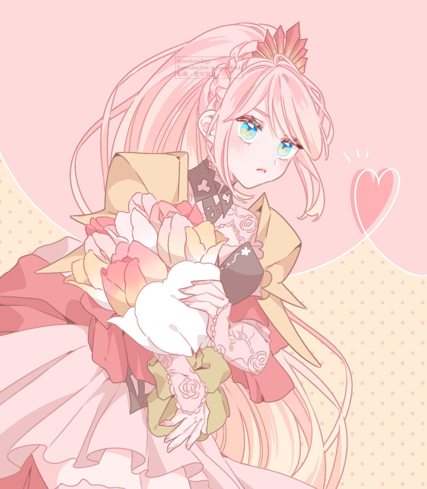 1girl annkoichigo armor artist_name blue_eyes bouquet braid closed_mouth commentary_request crown_braid dress eyelashes heart high_ponytail highres holding holding_bouquet long_hair multicolored_background pink_background pink_hair shionne_(tales) shoulder_armor solo tales_of_(series) tales_of_arise twitter_username watermark