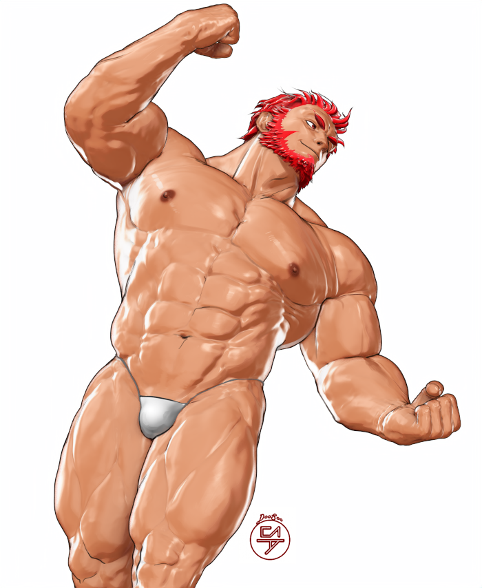 1boy 3d abs bara beard bikini_briefs bulge clenched_hands doosoo facial_hair fate/grand_order fate_(series) feet_out_of_frame flexing from_below full_beard iskandar_(fate) large_pectorals male_focus male_underwear muscular muscular_male nipples obliques pectorals red_hair short_hair smile solo standing stomach strongman_waist thick_beard thick_eyebrows thick_thighs thighs thighs_together topless_male underwear white_background white_male_underwear