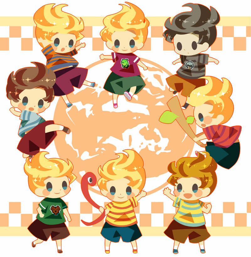 6+boys alternate_color black_eyes blonde_hair blue_shirt blue_shorts blush_stickers boney brown_footwear brown_hair brown_shorts claus_(mother_3) claus_(mother_3)_(cosplay) clone closed_mouth cosplay floating green_shirt grey_hair grey_shorts hitofutarai holding holding_stick kicking lucas_(mother_3) male_focus masked_man_(mother_3) midriff_peek mother_(game) mother_3 multiple_boys open_mouth player_2 red_shirt rope_snake shirt short_sleeves shorts smile solid_oval_eyes stick striped_clothes striped_shirt super_smash_bros. waving