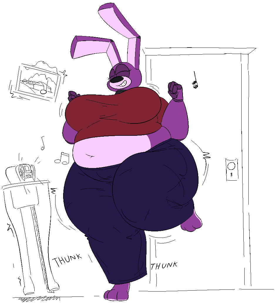 2020 3_toes 47:52 4_fingers anthro barefoot belly big_belly big_breasts big_nose biped black_emanata black_eyelashes black_text bonnie_(fnaf) boombox bottomwear bouncing_breasts breasts clothed clothed_anthro clothed_female clothing corrugated_neck corrugation countershade_face countershade_feet countershade_fur countershade_torso countershading crossgender dancing denim denim_bottomwear denim_clothing detailed_background digital_drawing_(artwork) digital_media_(artwork) door doorknob emanata english_text exposed_endoskeleton eyes_closed feet female female_anthro fingers five_nights_at_freddy's front_view full-length_portrait fur furniture happy inside jeans keyhole lagomorph leporid mammal midriff mtf_crossgender musical_note navel obese obese_anthro obese_female open_mouth open_smile overweight overweight_anthro overweight_female painting pants partially_colored portrait purple_body purple_bottomwear purple_clothing purple_countershading purple_ears purple_fur purple_inner_ear purple_jeans purple_nose purple_pants rabbit rabbit_ears red_clothing red_shirt red_topwear scottgames shirt simple_background smile solo sound_effects teeth text thatoneaceguy thick_thighs three-quarter_view thunk_(sound_effect) toes topwear white_background wide_hips