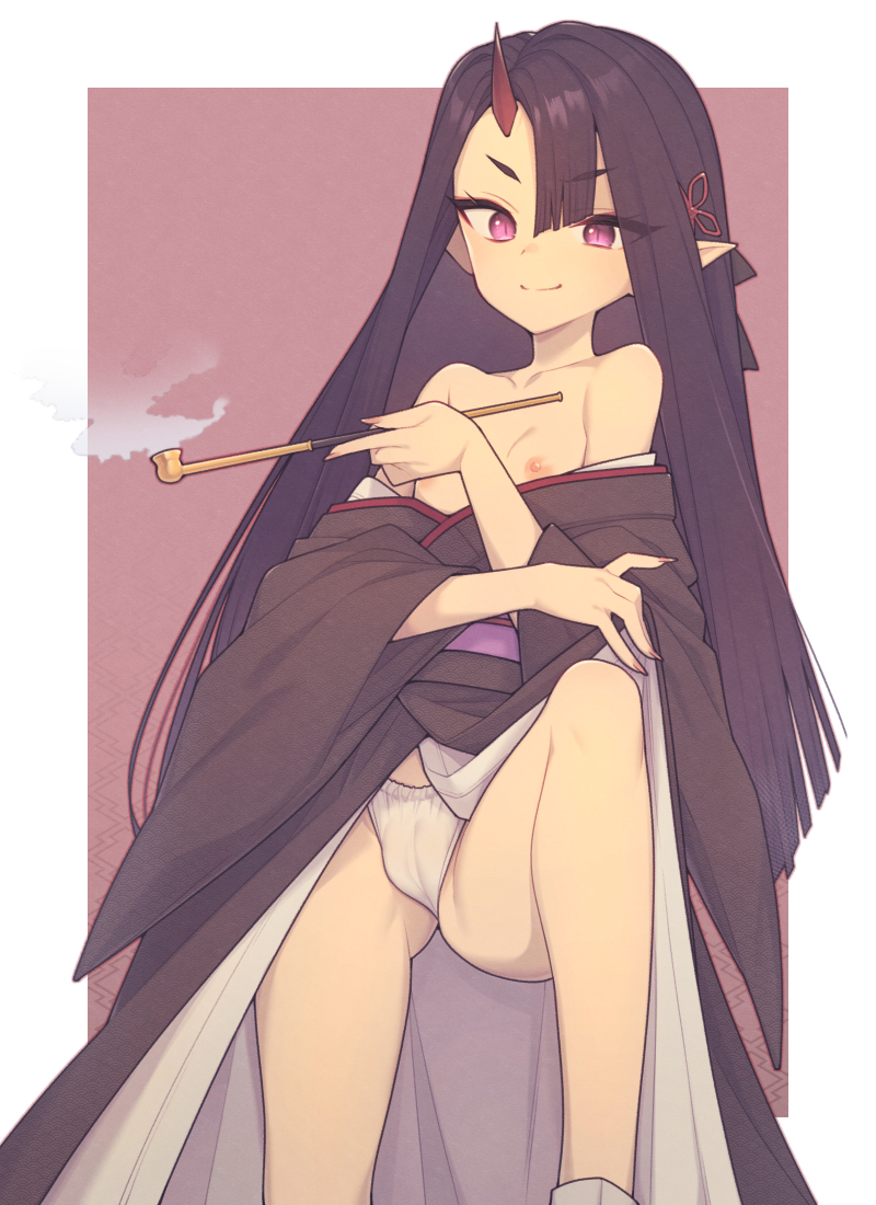 1girl bare_shoulders black_hair black_kimono breasts commentary_request everyntrge fingernails hair_ornament holding holding_smoking_pipe horns japanese_clothes kimono kiseru long_hair looking_at_viewer nipples off_shoulder oni open_clothes open_kimono original panties pointy_ears purple_eyes sharp_fingernails short_eyebrows single_horn slit_pupils small_breasts smile smoking_pipe solo underwear very_long_hair white_panties