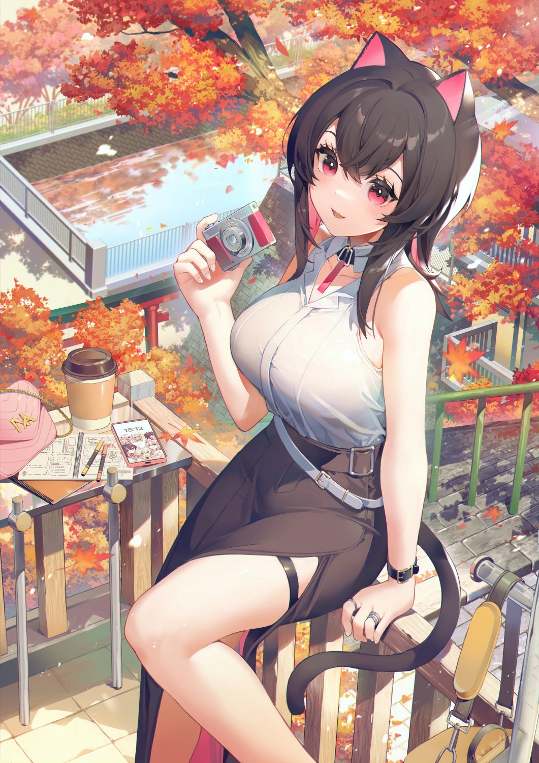 1girl akizone animal_ears autumn_leaves bag bare_arms bare_legs bare_shoulders belt black_choker black_hair black_skirt breasts camera cat_ears cat_tail cellphone choker collared_shirt cup day disposable_cup hand_up handbag highres holding jewelry large_breasts leaf long_hair long_skirt looking_at_viewer loose_belt maple_leaf open_mouth original outdoors phone red_eyes ring shirt shirt_tucked_in side_slit sitting skirt sleeveless sleeveless_shirt smartphone smile solo stairs tail thigh_strap tree white_shirt wristband