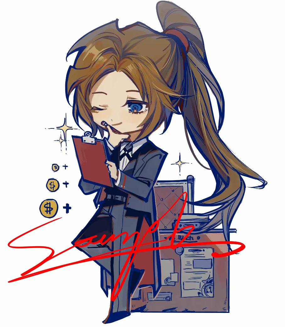 1girl black_jacket black_pants brown_hair butler chibi closed_mouth coin collared_shirt cross_tie female_butler full_body g7cdpdto2i6hot6 high_ponytail jacket limbus_company long_hair long_sleeves one_eye_closed pants parted_bangs project_moon rodion_(project_moon) sample_watermark shirt simple_background smile solo standing standing_on_one_leg very_long_hair watermark white_background white_shirt