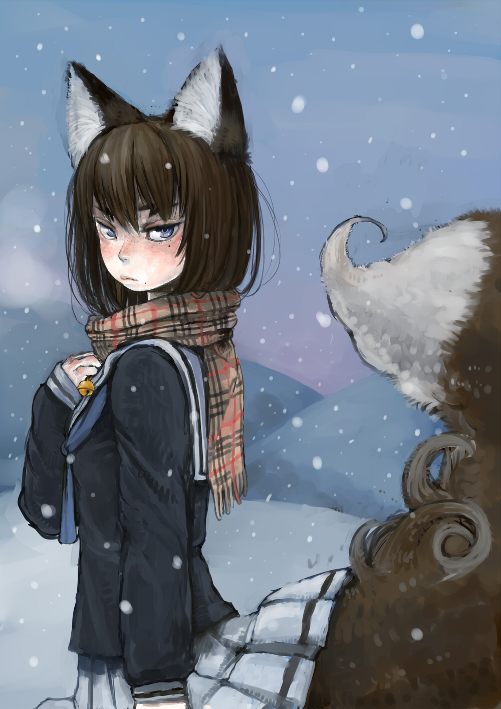animal_ears bell blue_eyes brown_hair cowboy_shot ebimomo fox_ears fox_tail freckles from_side highres jingle_bell looking_at_viewer looking_to_the_side mole mole_under_eye original plaid plaid_scarf scarf school_uniform serafuku short_hair skirt snow snowing solo tail winter