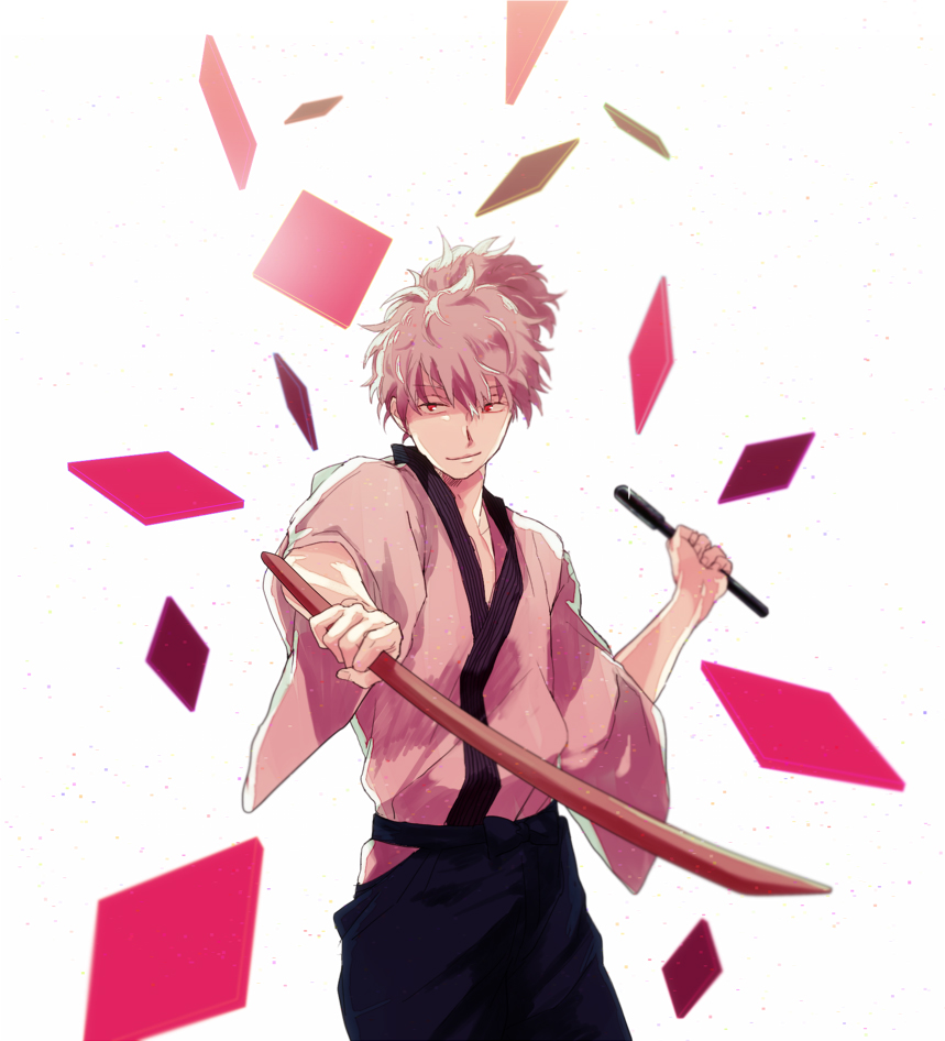 bokken gintama japanese_clothes kimono male_focus ponytail red_eyes sakata_gintoki silver_hair solo sword urahara weapon wooden_sword