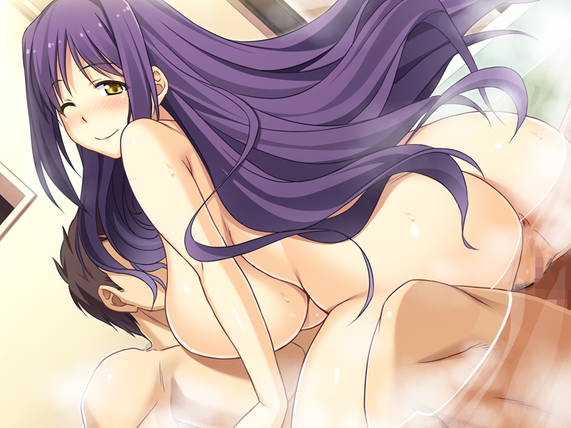 1girl anus ass bath breasts brown_hair censored game_cg grinding happy_sex huge_breasts kumacchi long_hair looking_at_viewer mixed_bathing nude penis purple_hair pussy sex short_hair smile steam sweat water wink yellow_eyes