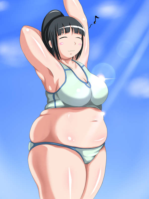 1girl altc41096 artist_request bikini black_hair breasts eyes_closed fat itou_yukino large_breasts musical_note ponytail real_drive short_hair smile solo swimsuit