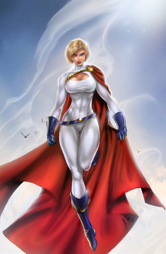 belt blonde_hair blue_eyes blue_sky bodysuit boots breasts brett_booth cape cleavage cleavage_cutout collaboration dc_comics flying gloves large_breasts power_girl short_hair signature sinhalite sky solo superhero toned
