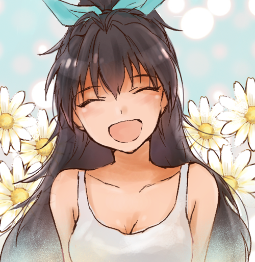 :d ^_^ akihiro bad_id bad_pixiv_id black_hair camisole closed_eyes floral_background flower ganaha_hibiki hair_ribbon idolmaster idolmaster_(classic) long_hair open_mouth ponytail ribbon smile solo upper_body very_long_hair wide_ponytail