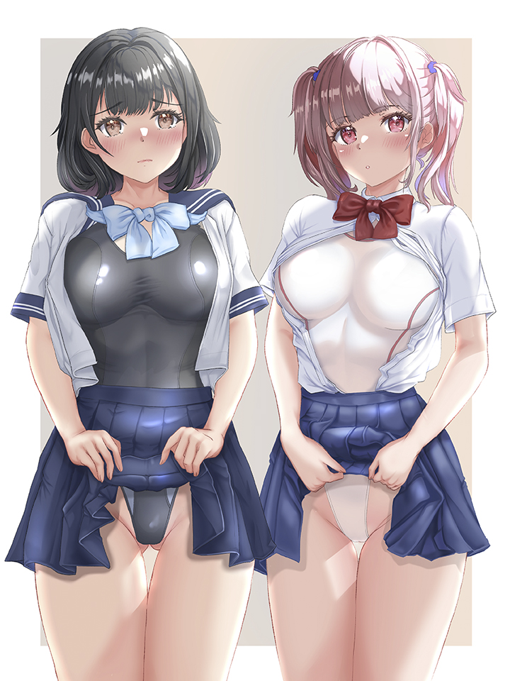2girls black_hair black_one-piece_swimsuit blush breasts brown_eyes clothes_lift competition_swimsuit highleg highleg_swimsuit large_breasts lifted_by_self mashinatsu multiple_girls one-piece_swimsuit open_clothes open_shirt original pink_hair pleated_skirt red_eyes school_uniform short_hair skirt skirt_lift swimsuit swimsuit_under_clothes two-tone_background two_side_up white_one-piece_swimsuit