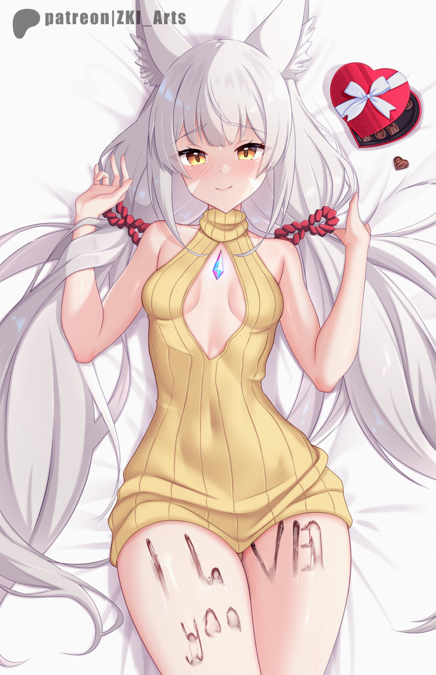 1girl animal_ear_fluff animal_ears blush body_writing box breasts candy cat_ears chest_jewel chocolate cleavage_cutout clothing_cutout core_crystal_(xenoblade) facial_mark food grey_hair heart heart-shaped_box heart-shaped_chocolate highres low_twintails lying nia_(blade)_(xenoblade) nia_(xenoblade) on_back sleeveless sleeveless_turtleneck small_breasts smile solo thighs turtleneck twintails valentine whisker_markings xenoblade_chronicles_(series) xenoblade_chronicles_2 yellow_eyes z-ki
