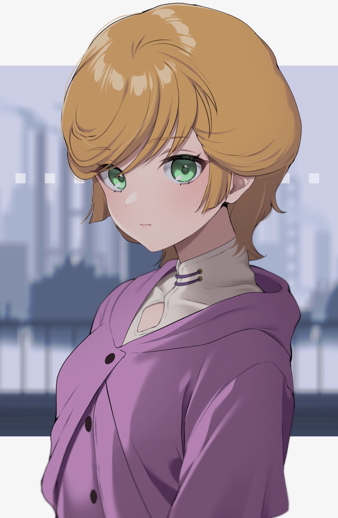 1girl blonde_hair blurry blurry_background buttons campbell_xx capelet closed_mouth commentary_request green_eyes gundam gundam_unicorn highres looking_at_viewer mineva_lao_zabi purple_capelet shirt short_hair solo upper_body very_short_hair white_shirt
