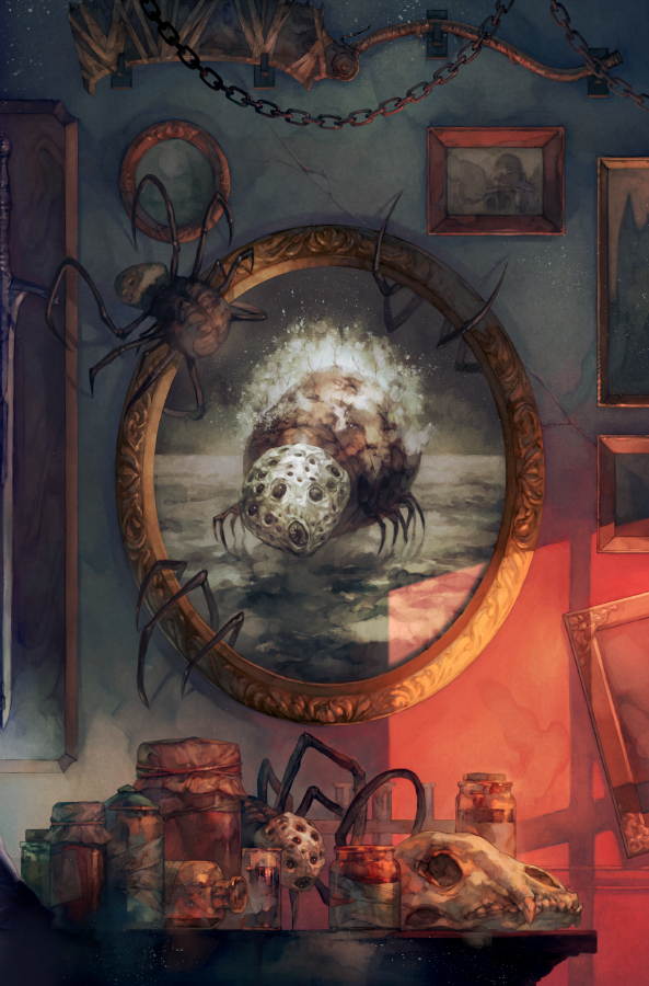 animal_focus animal_skull bloodborne bottle bug chain commentary_request desk indoors jar no_humans ocean painting_(object) rom_the_vacuous_spider solo spider yoshioka_(haco)