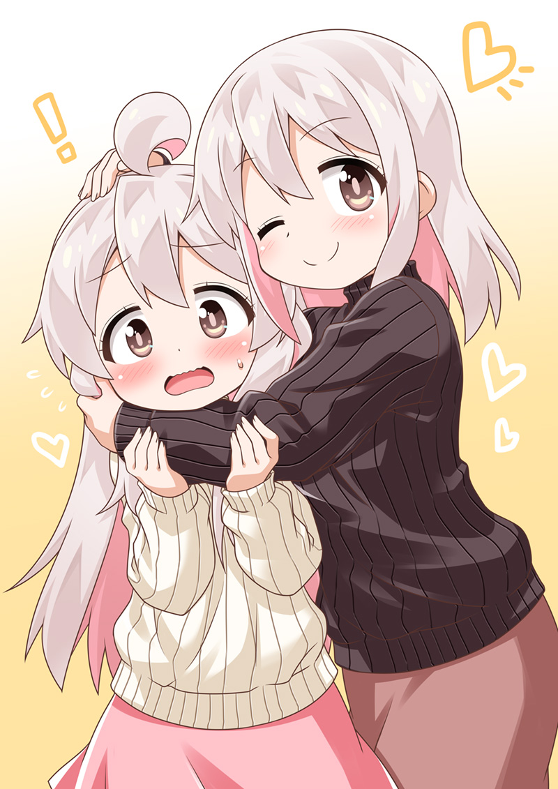 ! 2girls ahoge akou_roushi blush brown_hair genderswap genderswap_(mtf) hand_on_another's_head heart hug long_hair long_sleeves looking_at_viewer mother_and_daughter multiple_girls one_eye_closed onii-chan_wa_oshimai! open_mouth oyama_mahiro oyama_matsuri pink_hair skirt smile sweatdrop sweater