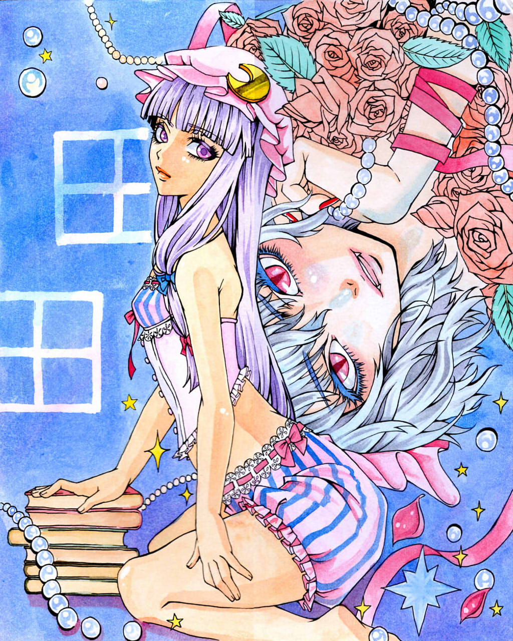 black38star bloomers blue_hair book brooch corset crescent face flower from_side hat highres jewelry lace lingerie long_hair multiple_girls nail_polish patchouli_knowledge pearl petals purple_eyes purple_hair red_eyes remilia_scarlet ribbon rose short_hair sitting slit_pupils star striped touhou traditional_media underwear underwear_only water_drop watercolor_(medium)