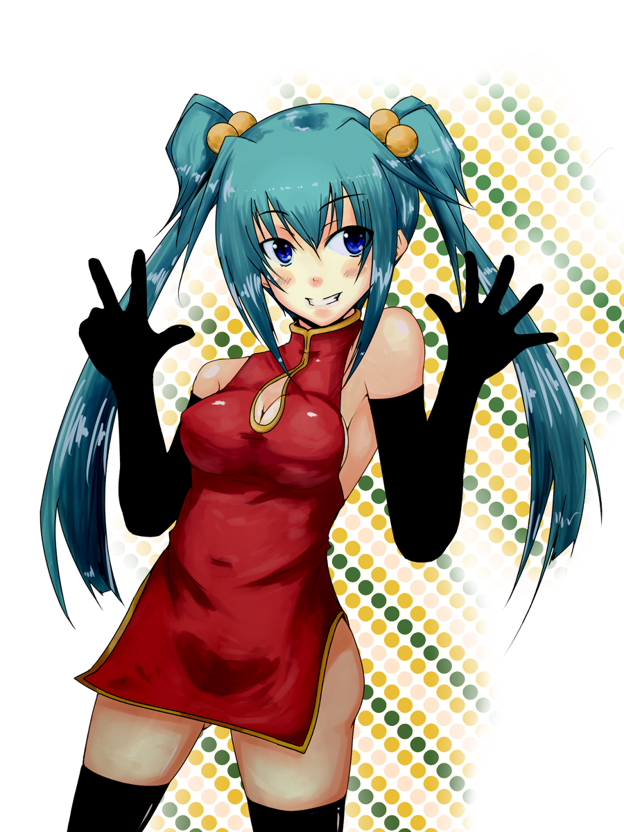1girl aqua_hair artist_request black_gloves black_legwear blue_eyes breasts china_dress chinadress chinese_clothes cleavage clenched_teeth cui_yifei dress elbow_gloves gloves hair_bobbles hair_ornament highres legwear long_hair muvluv muvluv_alternative muvluv_total_eclipse smile solo teeth twintails