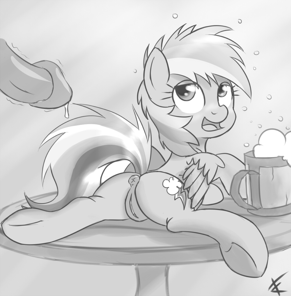 alcohol anus beverage black_and_white cider cradeelcin cup cutie_mark drunk duo equine female feral friendship_is_magic greyscale hair horse inviting looking_back lying mammal monochrome mug multi-colored_hair my_little_pony on_front pegasus penis plain_background pony precum pussy rainbow_dash_(mlp) table white_background wings