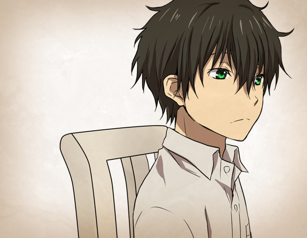 bangs black_hair buttons chair closed_mouth collared_shirt dress_shirt expressionless from_side gradient gradient_background green_eyes grey_shirt hair_between_eyes hyouka looking_afar looking_away male_focus oreki_houtarou rito453 shirt solo upper_body wing_collar