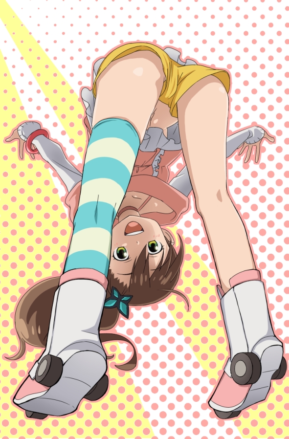 bent_over brown_hair butterfly_hair_ornament chousoku_henkei_gyrozetter from_behind from_below hair_ornament inaba_rinne shorts side_ponytail single_thighhigh solo thighhighs wakusei_hakai_otoko