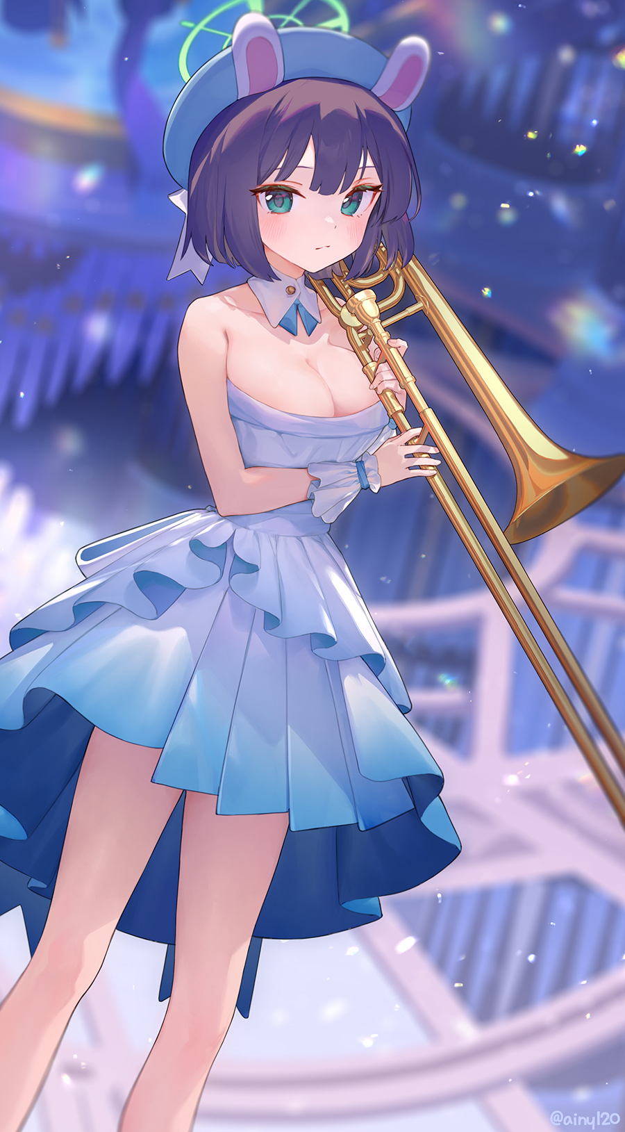 1girl ainy animal_ears beret black_hair blue_archive blue_dress blue_headwear blush breasts cleavage closed_mouth collarbone dress fake_animal_ears feet_out_of_frame gloves green_eyes green_halo halo hat highres holding holding_instrument instrument large_breasts looking_at_viewer rabbit_ears saki_(blue_archive) short_hair solo trombone white_gloves