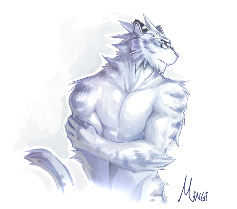 anthro biceps big_muscles blue_and_white body_markings crossed_arms eyewear feline fur glasses kuron male mammal markings mingi monochrome muscles nude pecs plain_background pose solo standing stripes tiger white_background
