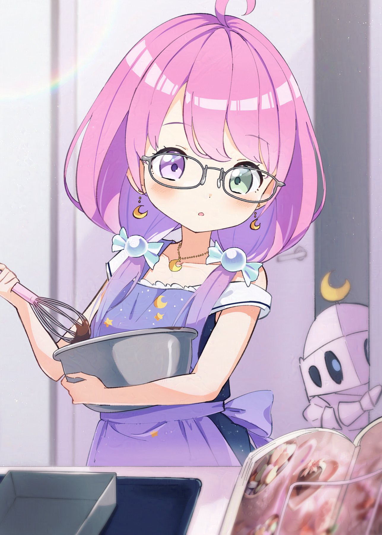 1girl :o ahoge apron blue_dress bowl candy_hair_ornament chocolate_making cookbook crescent crescent_earrings crescent_necklace dress earrings food-themed_hair_ornament frilled_apron frills glasses gradient_hair green_eyes grey-framed_eyewear hair_ornament heterochromia highres himemori_luna himemori_luna_(sundress) holding holding_bowl holding_whisk hololive jewelry low_twintails luknight_(himemori_luna) multicolored_hair necklace off_shoulder pink_hair purple_apron purple_eyes purple_hair star_(symbol) star_print twintails uni_(maru231) virtual_youtuber whisk